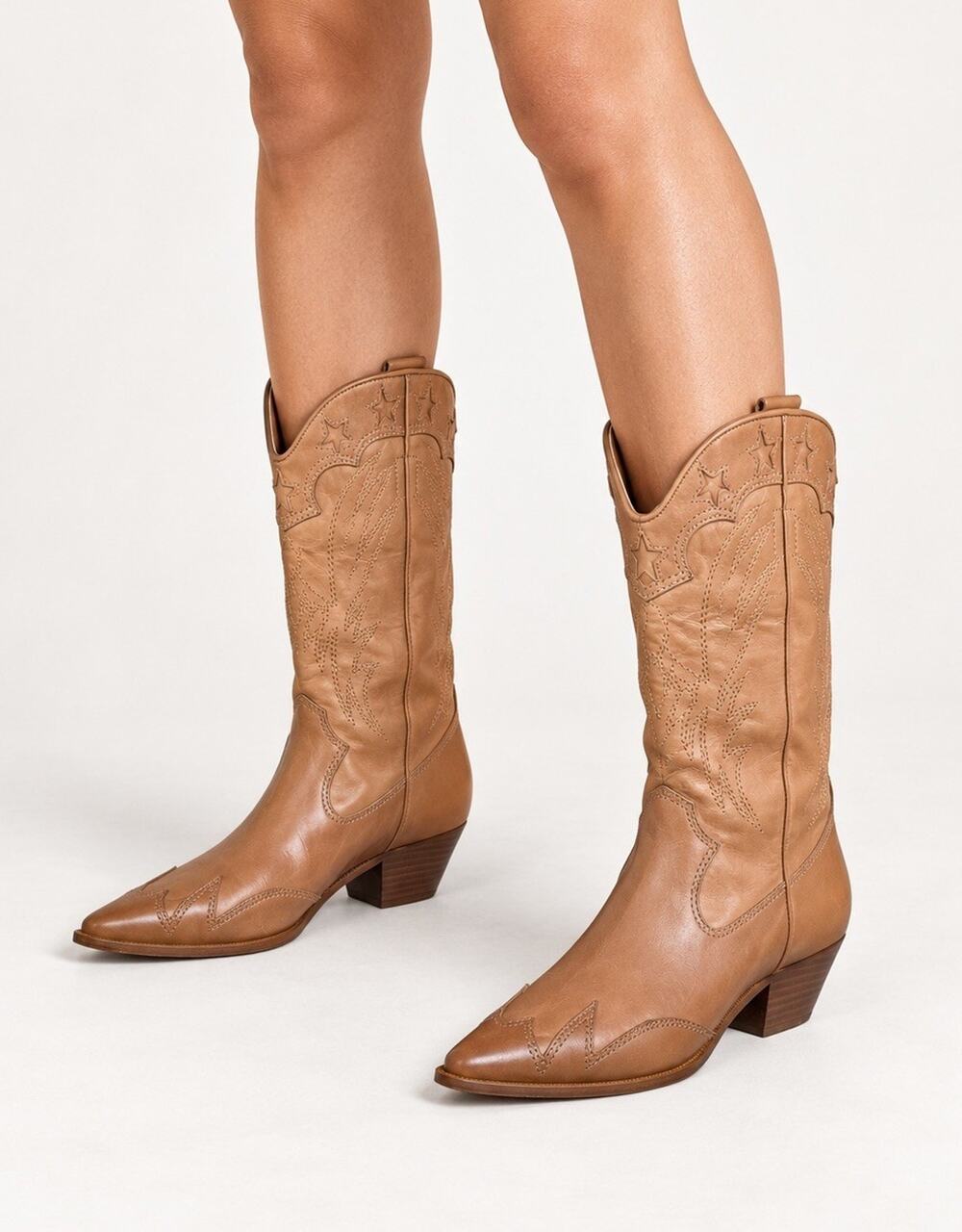 NEW Schutz Cowboy Boots 7B Tan Leather Western Embroidered Pointed Toe